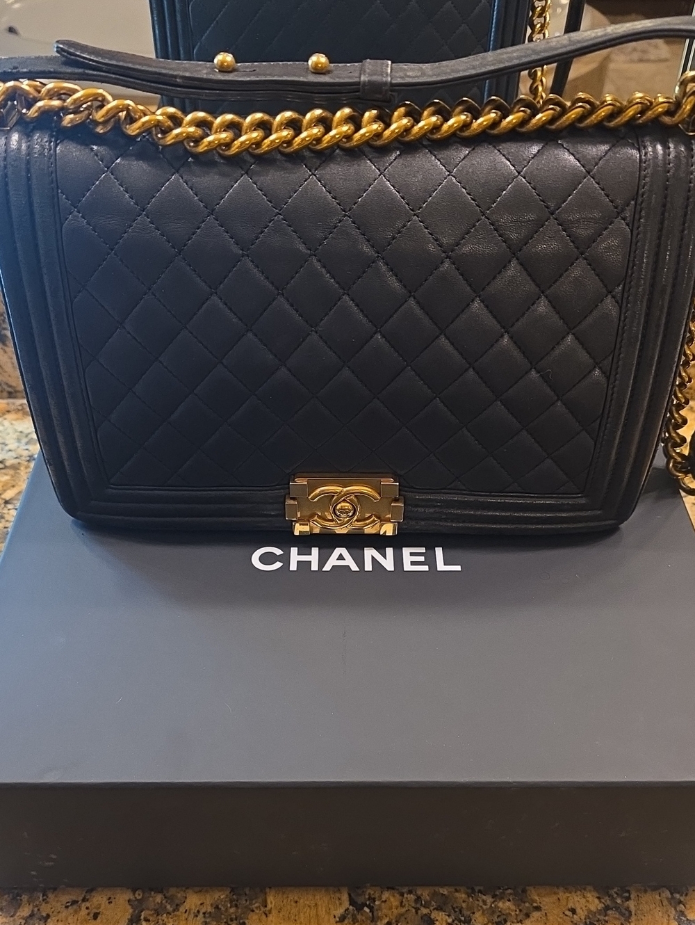 CHANEL Black MEDIUM BOY Quilted Leather Bag with Gold Chain